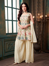 Cream chiffon palazzo suit with dupatta set