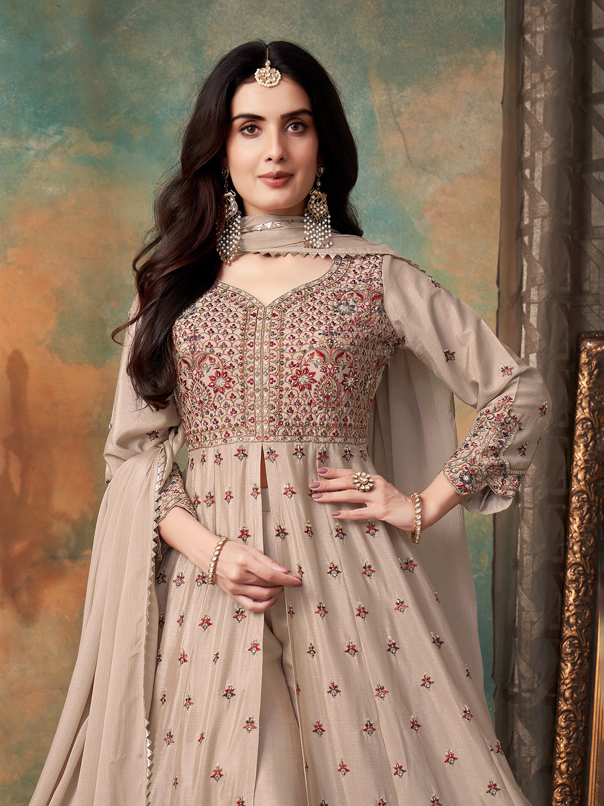Pastel beige chiffon georgette anarkali palazzo suit