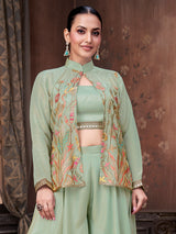 Pista green silk georgette designer palazzo suit set