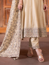Beige silk anarkali salwar suit with dupatta set