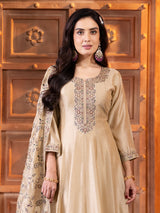 Beige silk anarkali salwar suit with dupatta set