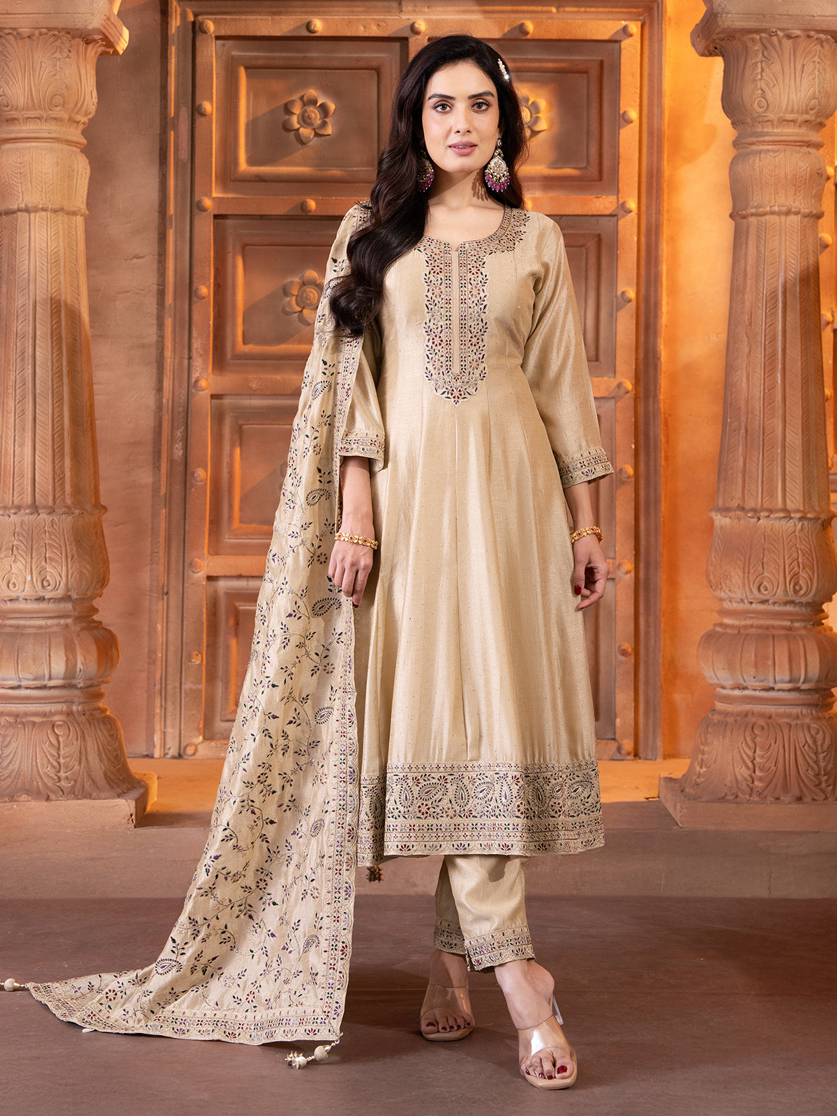 Beige silk anarkali salwar suit with dupatta set