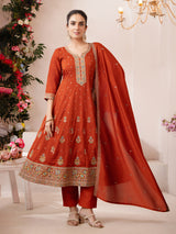 Orange silk straight cut salwar suit with dupatta