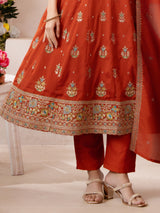 Orange silk straight cut salwar suit with dupatta