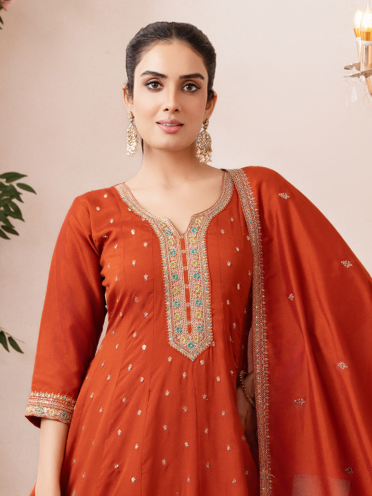 Orange silk straight cut salwar suit with dupatta