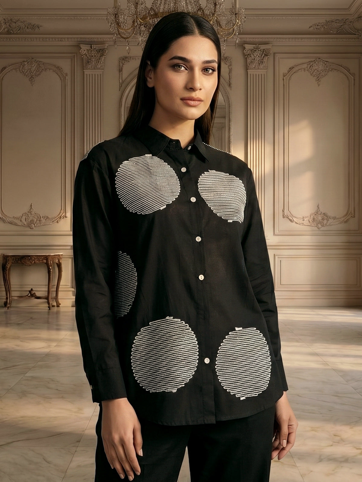 Black cotton casual wear co ord set with thread detailing