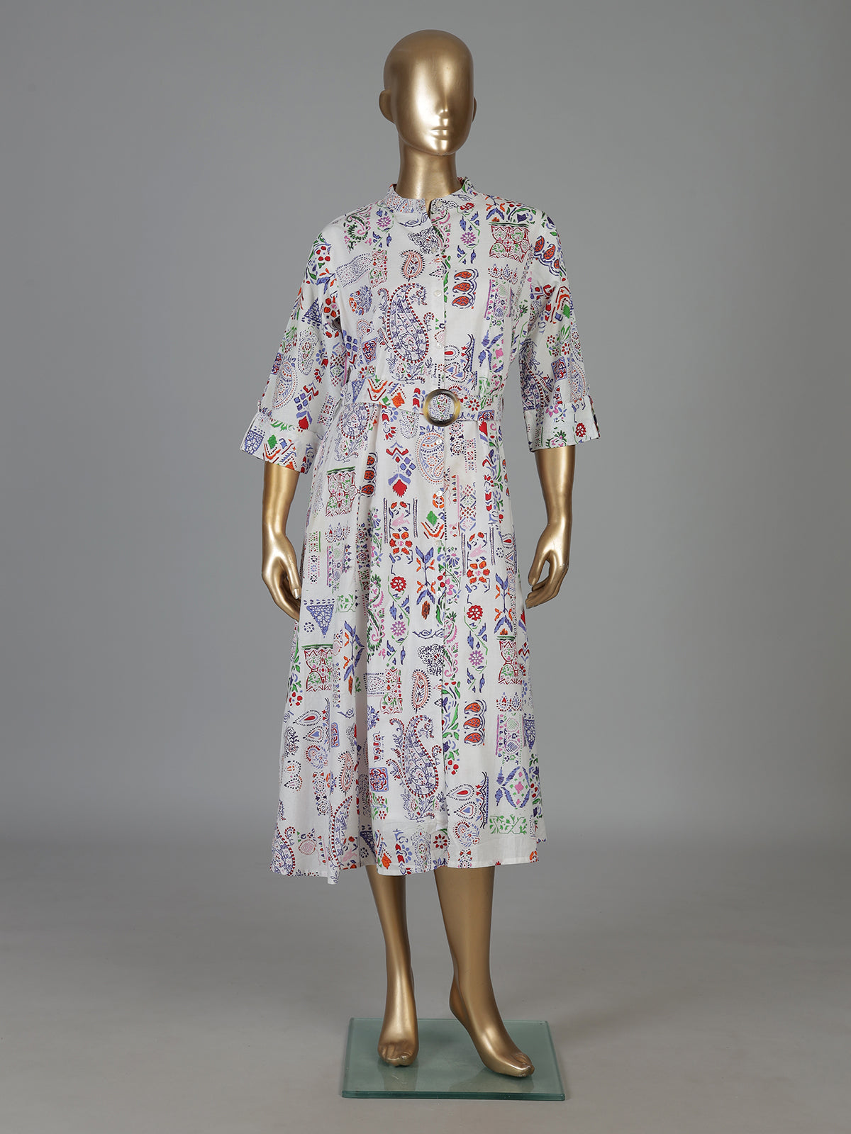 Off white cotton printed kurti featuring stand collar