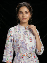 Off white cotton printed kurti featuring stand collar