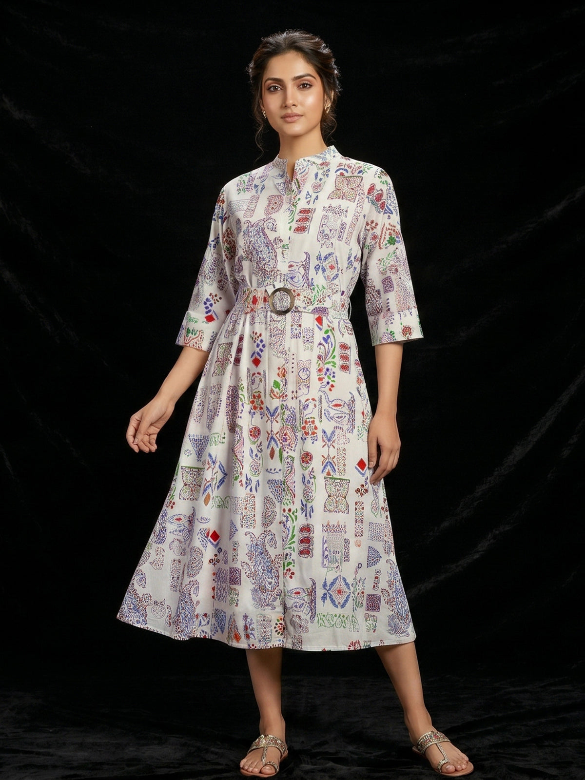 Off white cotton printed kurti featuring stand collar