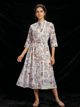 Off white cotton printed kurti featuring stand collar