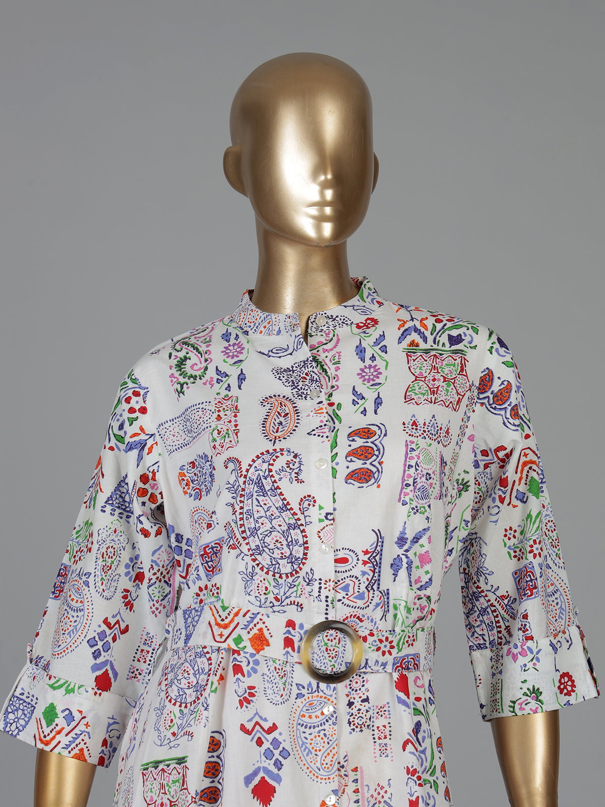 Off white cotton printed kurti featuring stand collar