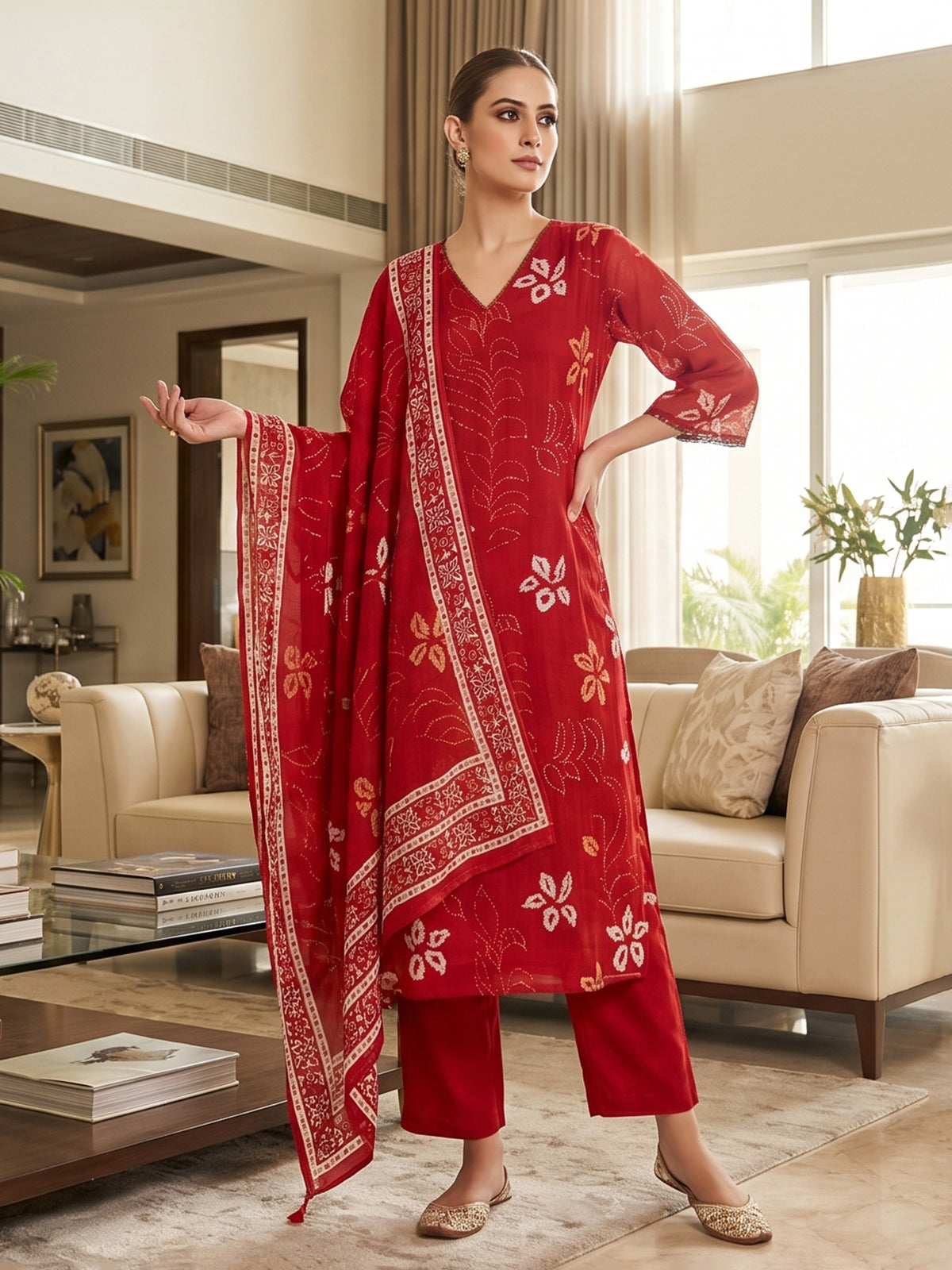 Red festive wear cotton printed kurti set