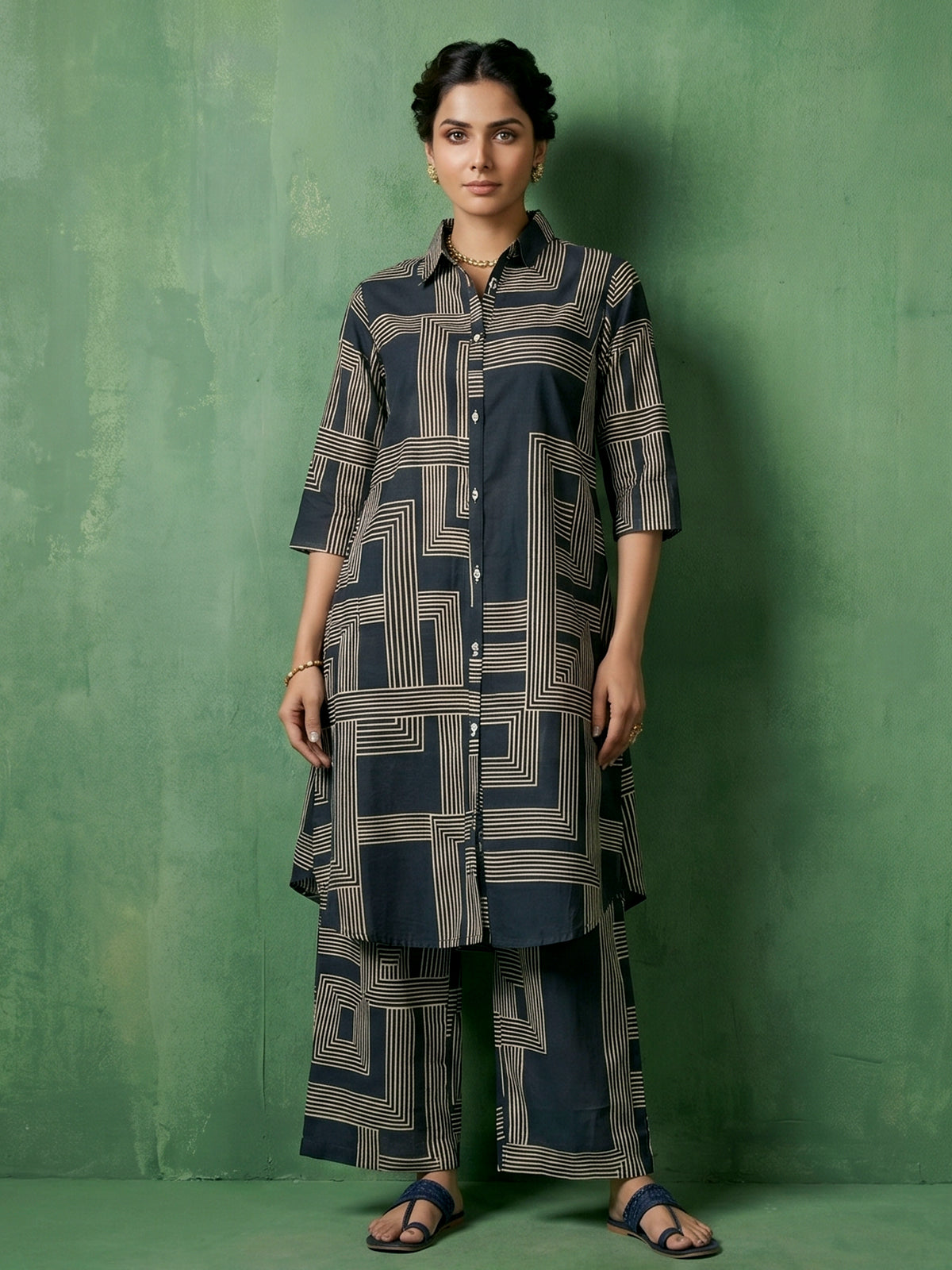 Black printed cotton kurti set for casual
