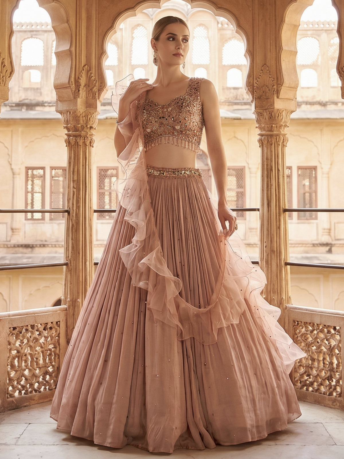 Onion pink party wear lehenga choli with ruffle dupatta