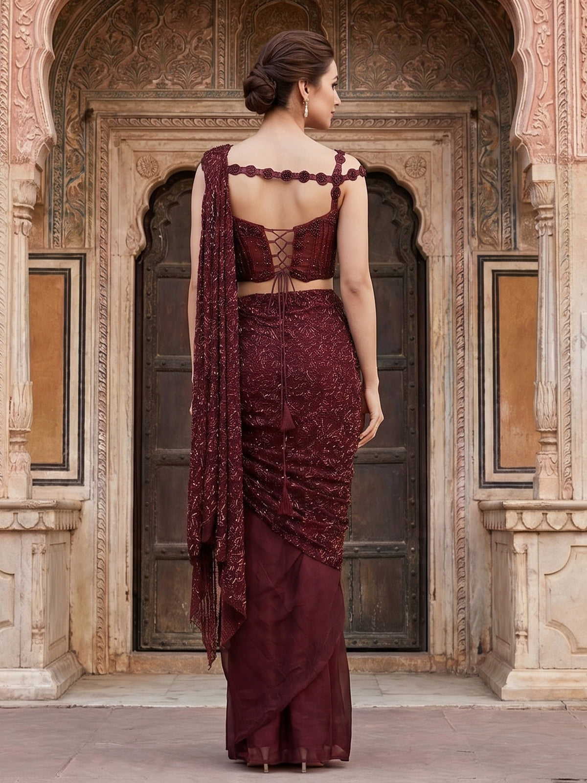 Wine chiffon georgette ready to wear saree with designer embellishments