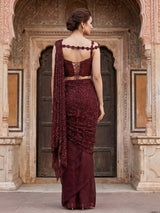 Wine chiffon georgette ready to wear saree with designer embellishments
