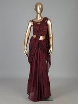 Wine chiffon georgette ready to wear saree with designer embellishments
