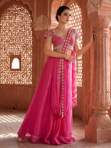 Pink chiffon georgette ready to wear saree with pearl work charm