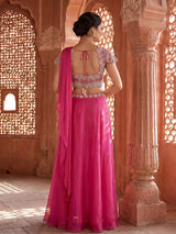 Pink chiffon georgette ready to wear saree with pearl work charm