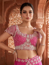 Pink chiffon georgette ready to wear saree with pearl work charm