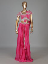 Pink chiffon georgette ready to wear saree with pearl work charm