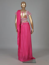 Pink chiffon georgette ready to wear saree with pearl work charm