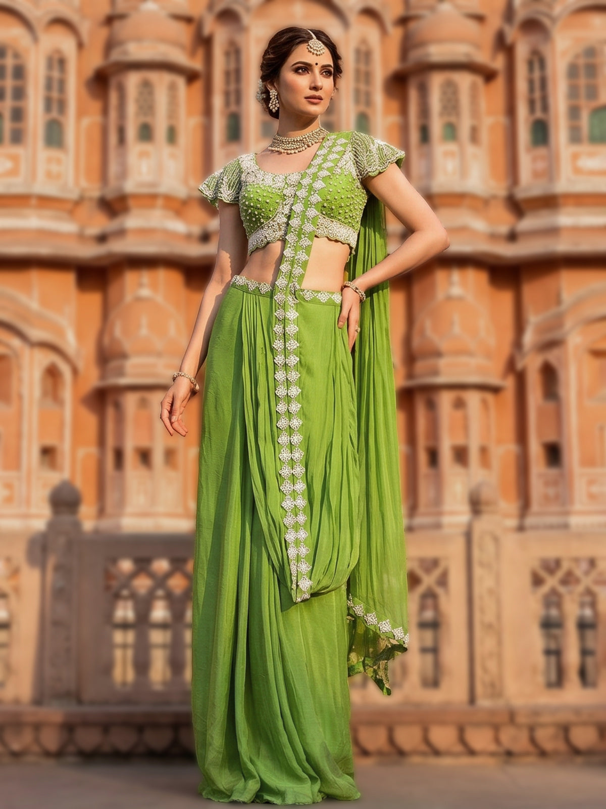 Parrot green chiffon georgette ready to wear saree with pearl detailing
