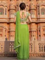 Parrot green chiffon georgette ready to wear saree with pearl detailing