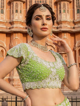 Parrot green chiffon georgette ready to wear saree with pearl detailing