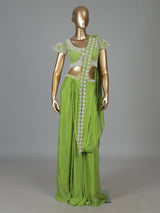 Parrot green chiffon georgette ready to wear saree with pearl detailing