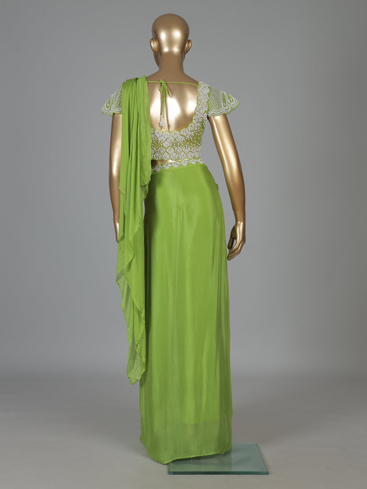 Parrot green chiffon georgette ready to wear saree with pearl detailing
