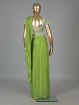 Parrot green chiffon georgette ready to wear saree with pearl detailing