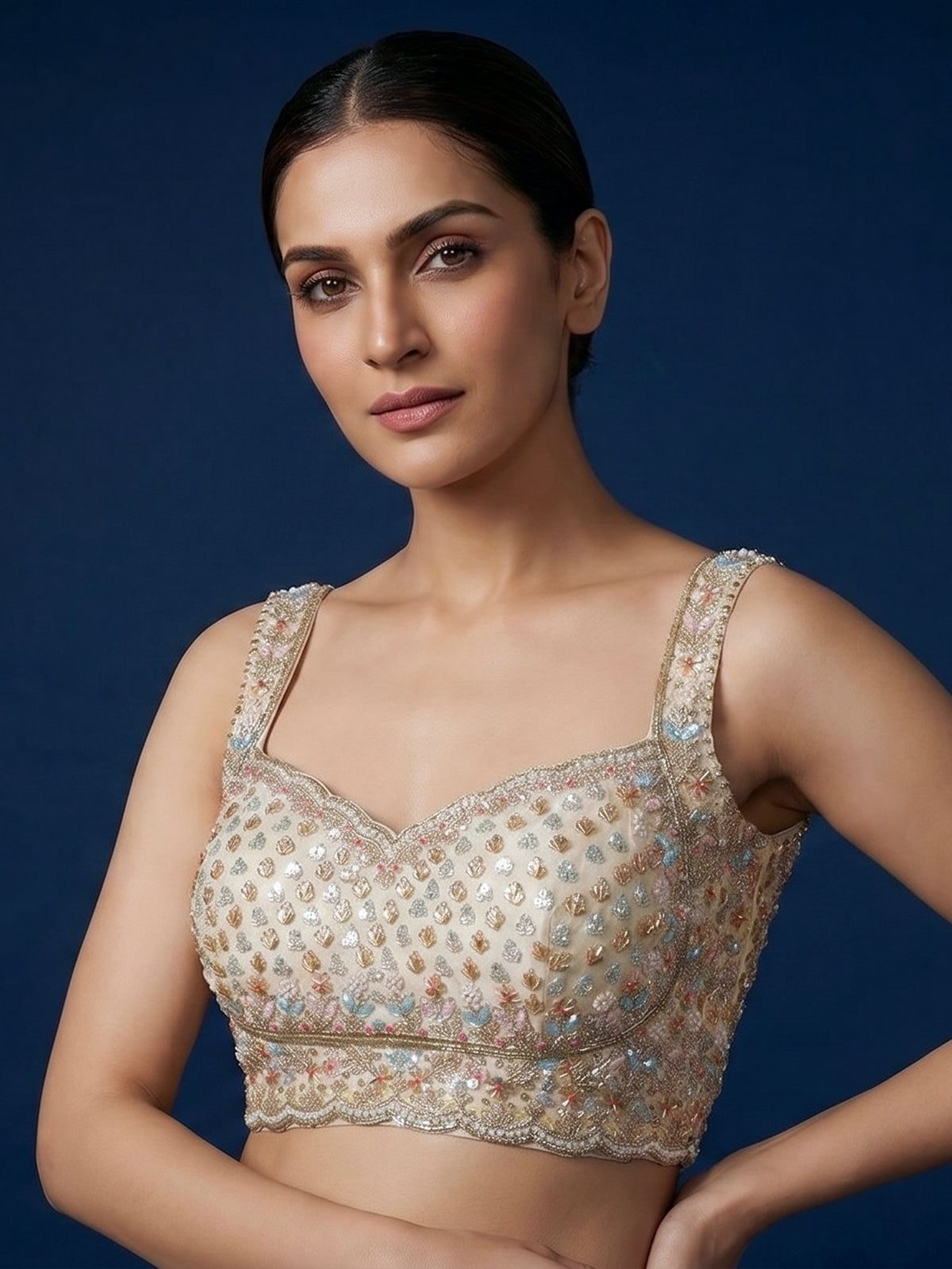 Cream silk lehenga choli with delicate embroidery