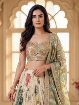 Cream silk floral embroidered lehenga choli with dupatta