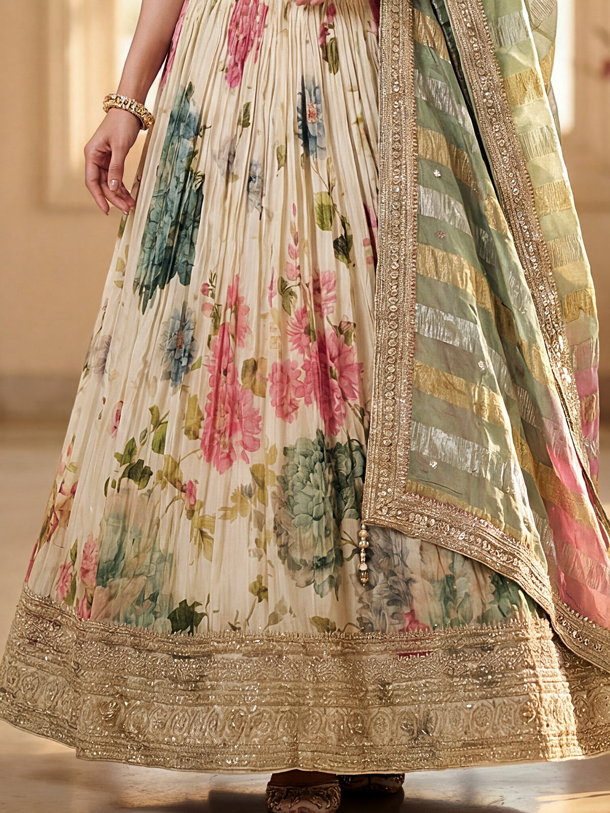 Cream silk floral embroidered lehenga choli with dupatta