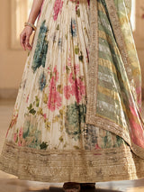 Cream silk floral embroidered lehenga choli with dupatta