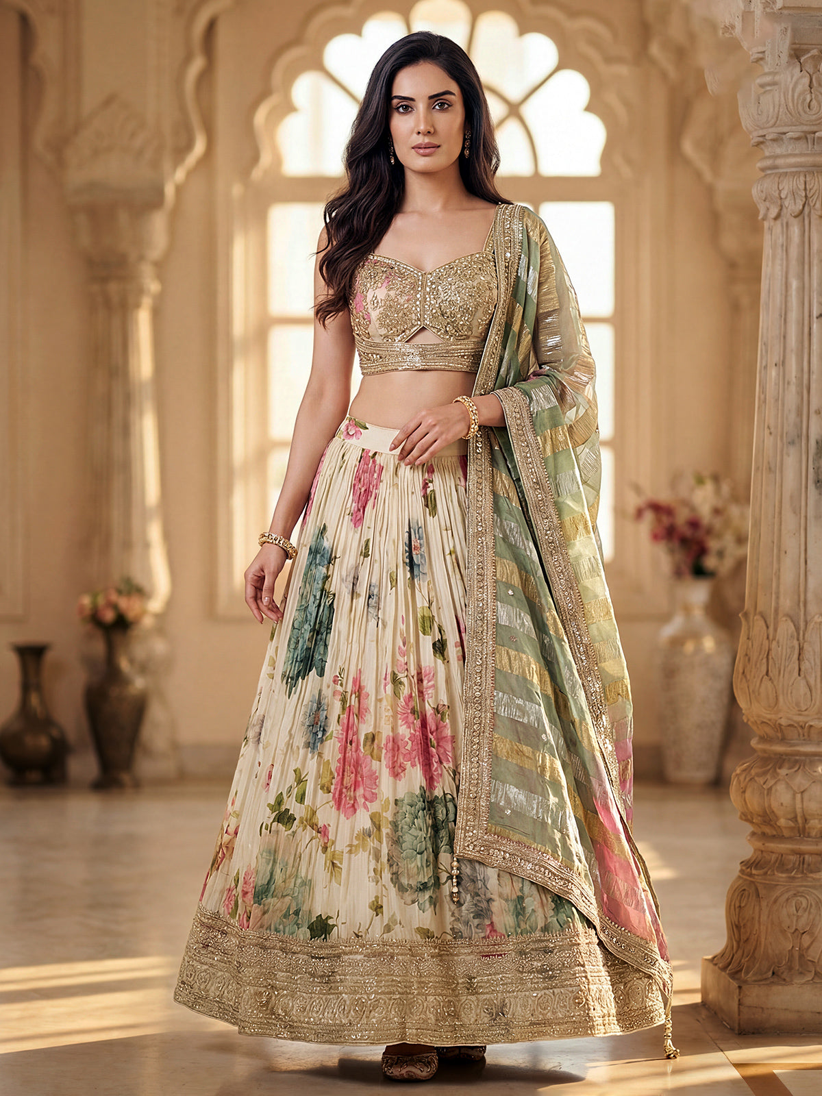 Cream silk floral embroidered lehenga choli with dupatta