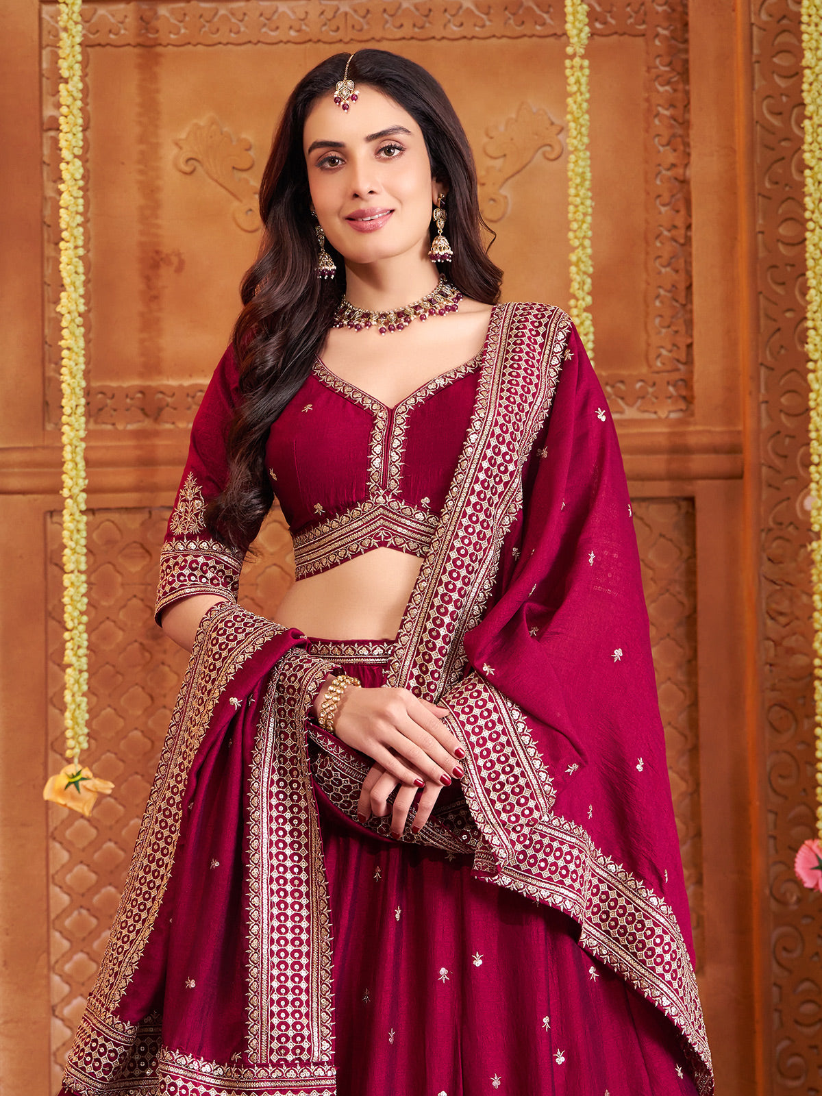Maroon silk embroidered lehenga choli with dupatta set