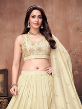 Cream soft silk embroidered lehenga choli with dupatta