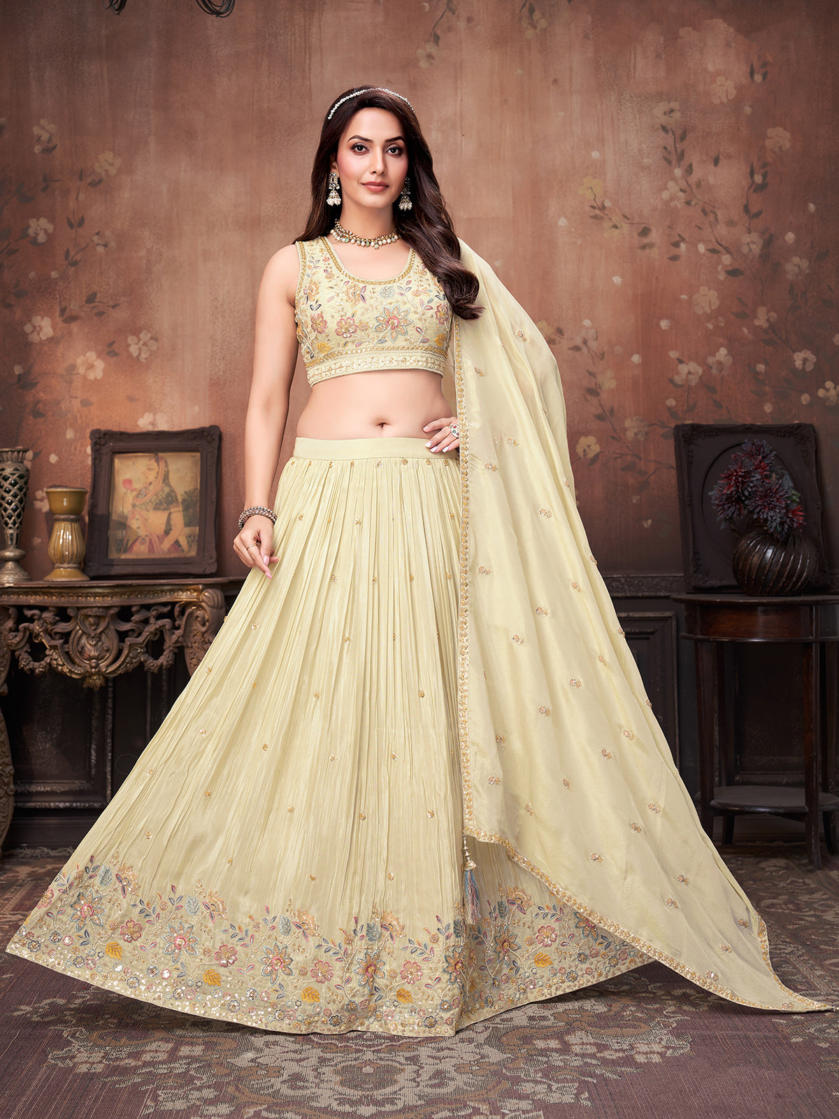Cream soft silk embroidered lehenga choli with dupatta
