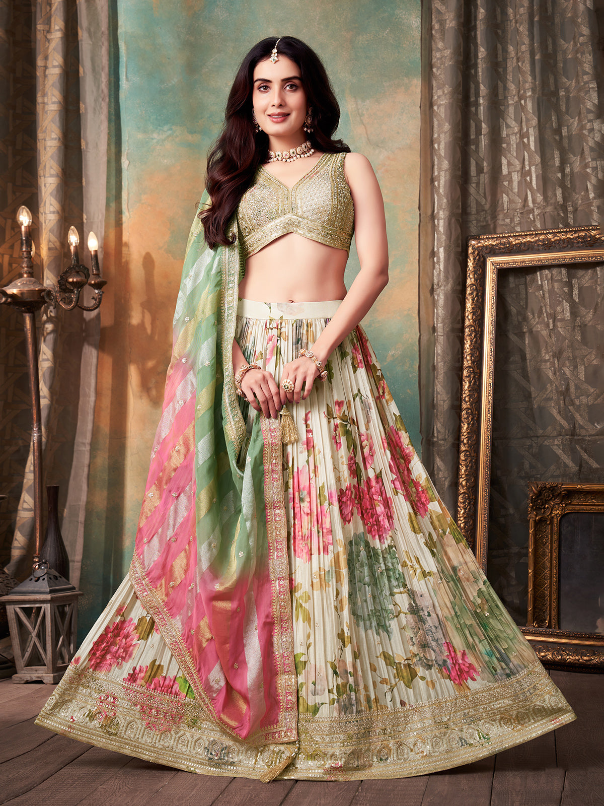 Cream soft silk floral embellished lehenga choli set