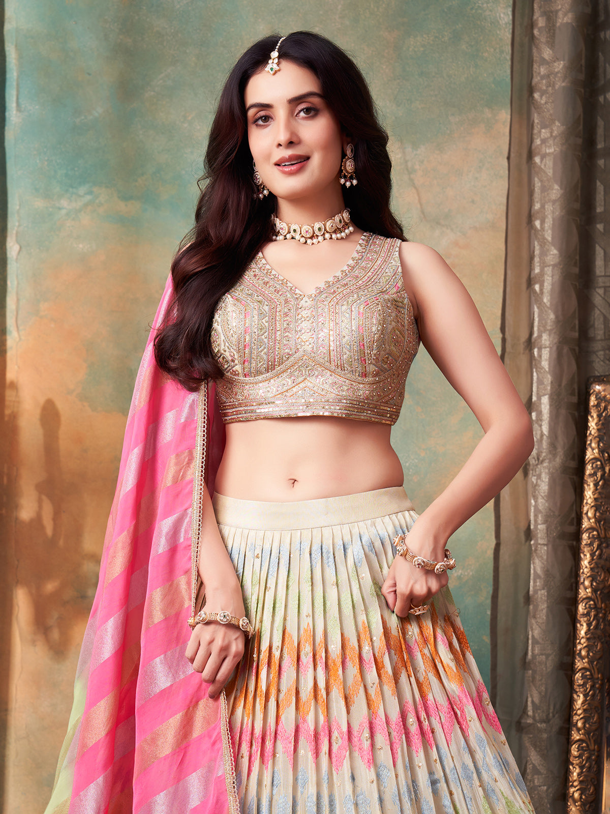 Cream soft silk designer lehenga choli with dupatta