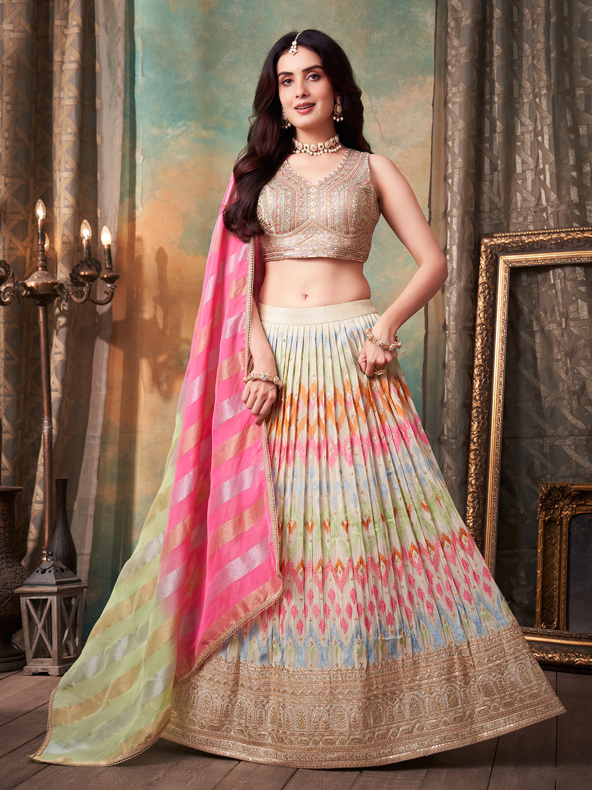 Cream soft silk designer lehenga choli with dupatta