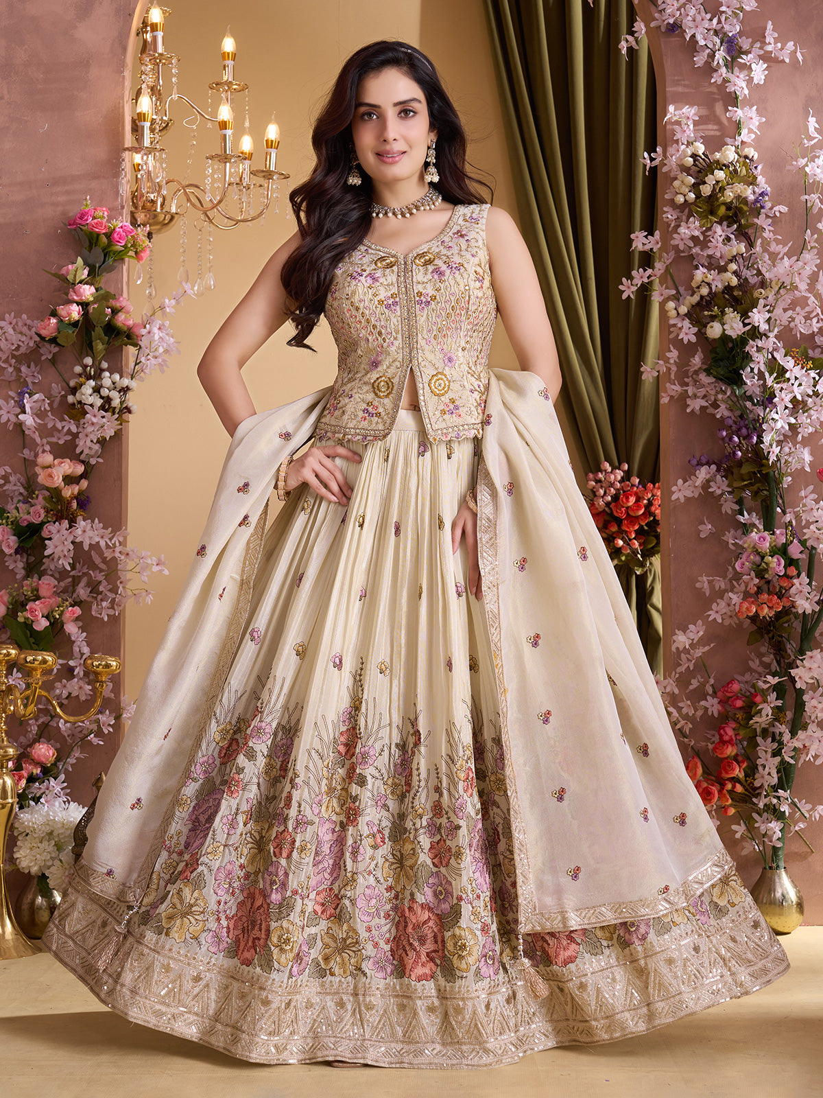 Cream silk heavy embellished lehenga choli with dupatta
