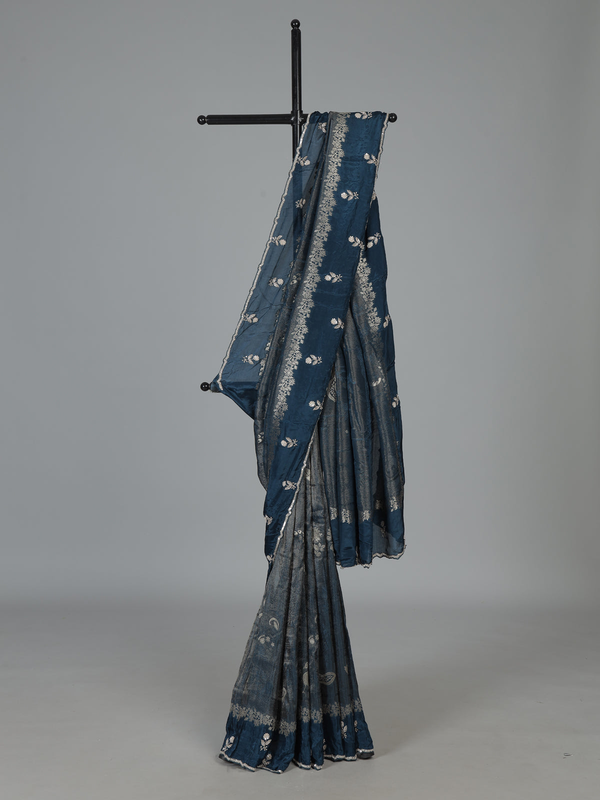 Peacock blue dola silk festive embroidered silk saree