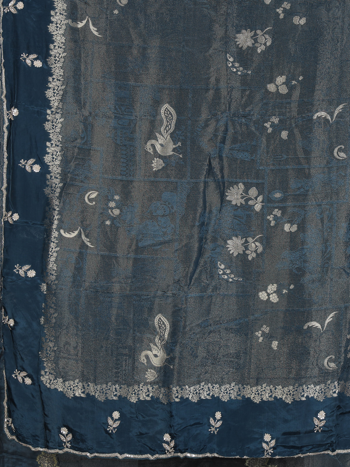 Peacock blue dola silk festive embroidered silk saree