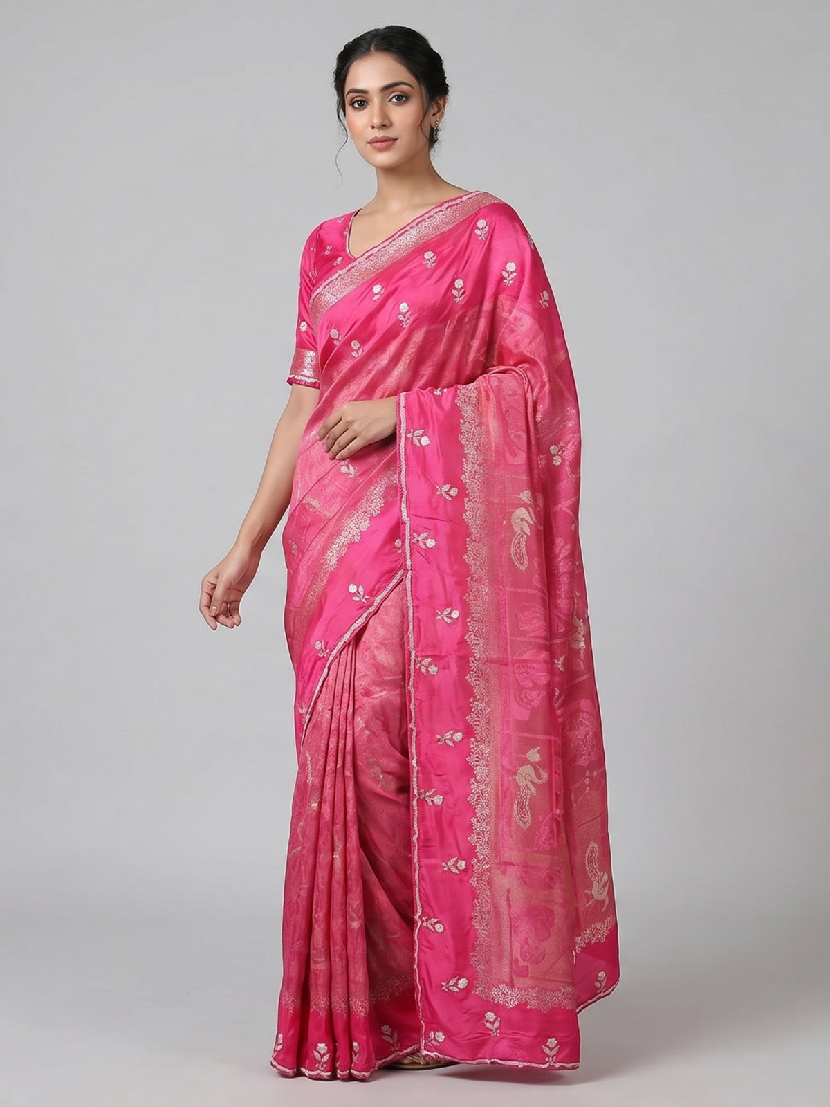 Rani pink dola silk festive floral saree