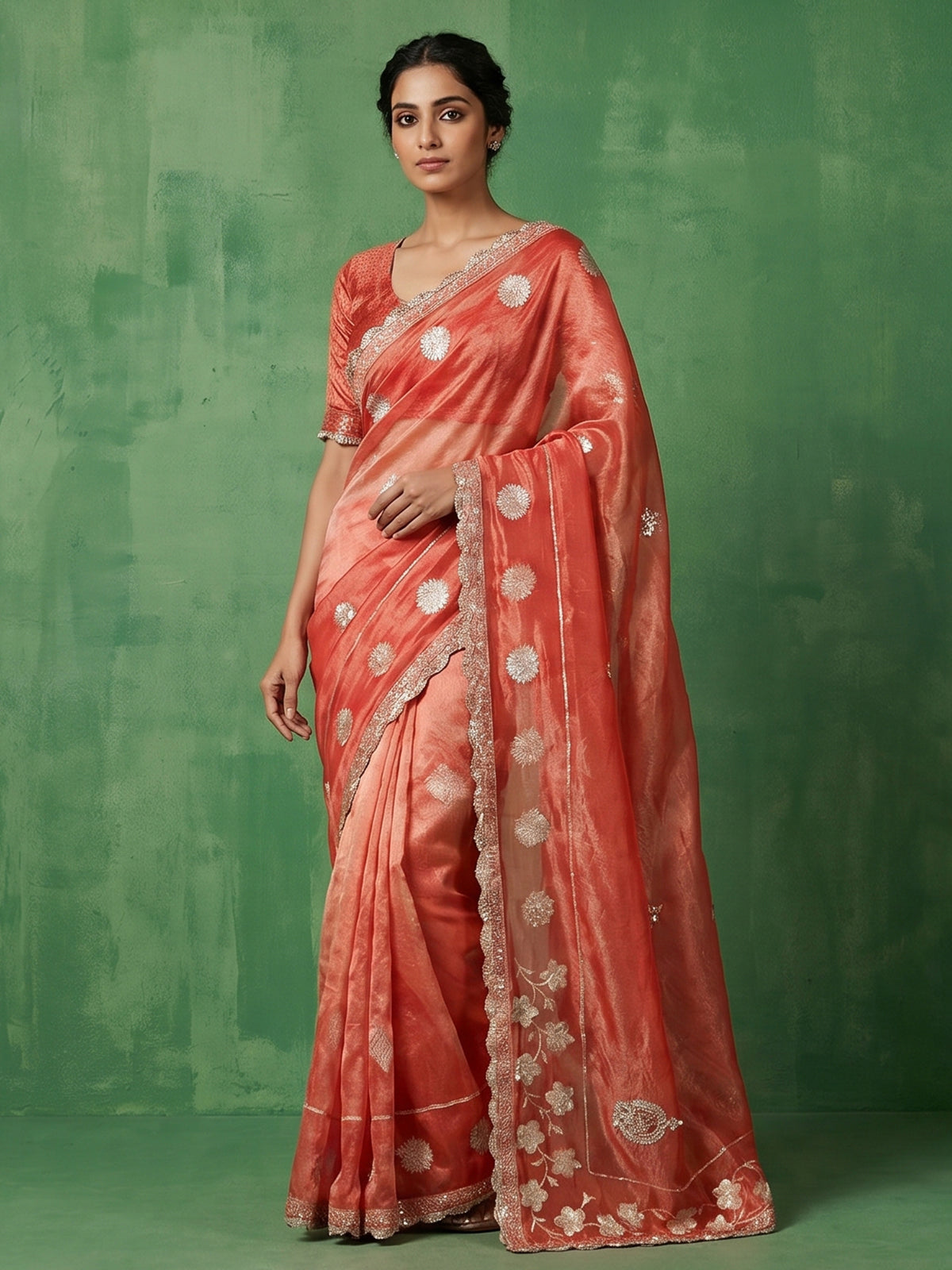 Orange dola silk embellished bridal festive saree