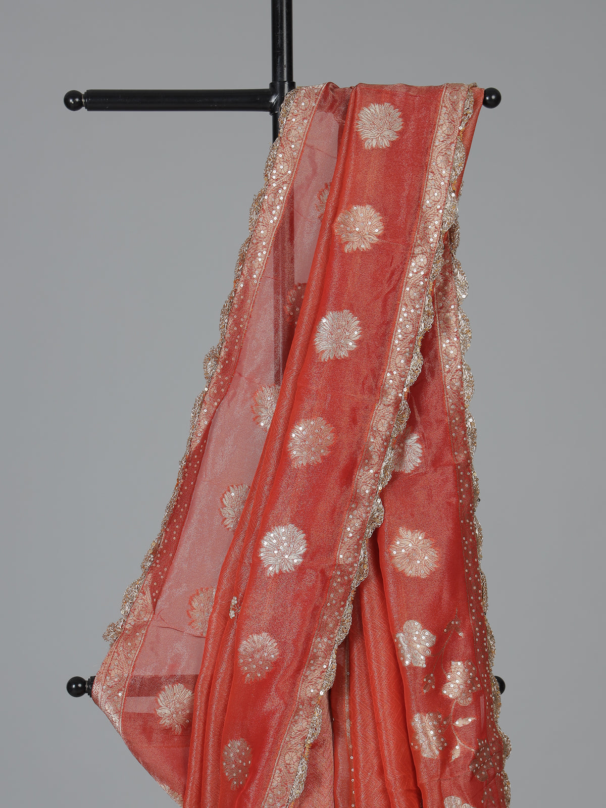 Orange dola silk embellished bridal festive saree
