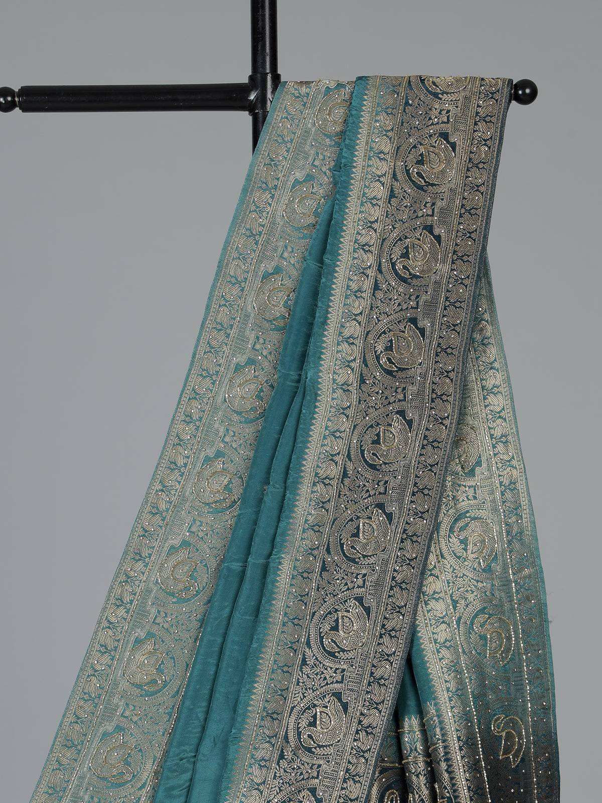 Teal blue floral bird border festive saree